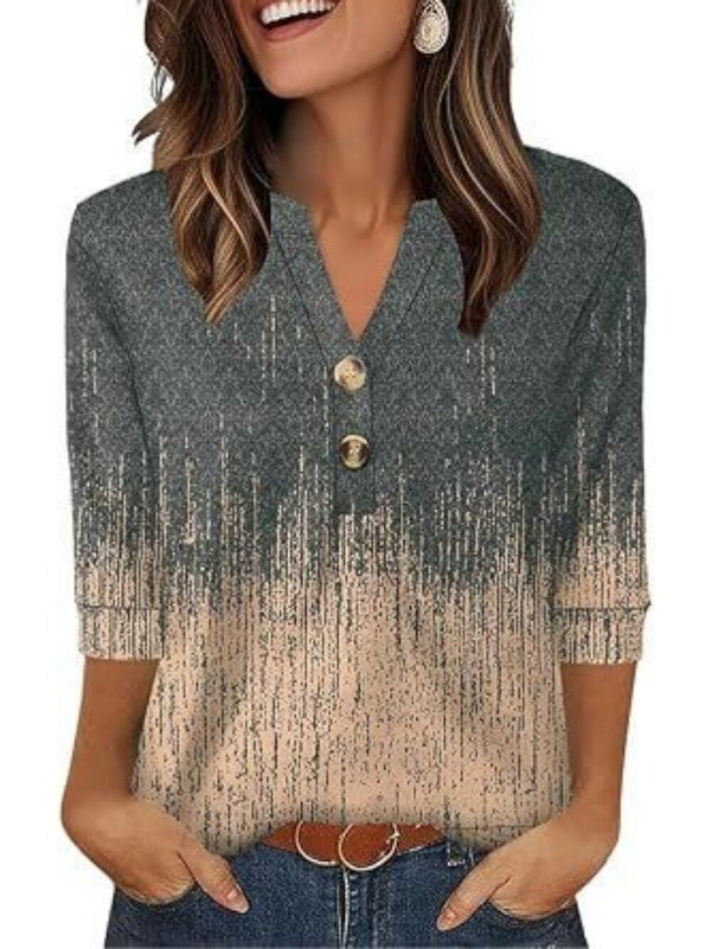 Womens 3 Quarter Sleeve Henley Shirt V Neck Button Front Casual Loose Fit Top